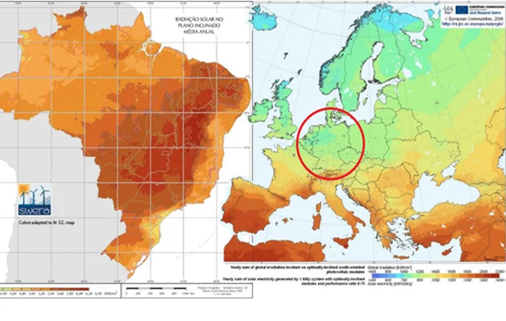 Mapa comparativo de irradiação solar entre Brasil e Europa